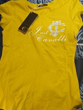 Just Cavalli Bright Yellow Logo Tee with Embellished Crest